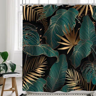 Cinbloo Duschvorhang, Smaragdgrün, Schwarz/Gold, 72 x 72 cm, abstrakte Palmenblätter, tropisches Monstera, Badezimmervorhang, modern, braun, botanische Pflanze, Hawaii, Badezimmer-Dekorstoff mit 12