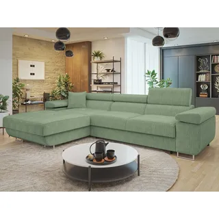 Mirjan24 Ecksofa Torezio Mini Cord, Stilvoll Eckcouch mit Bettkasten und Schlaffunktion, Einstellbare Kopfstützen, 280x170x70-90 cm (Farbe: Poso 47, Seite: Links) - Grün