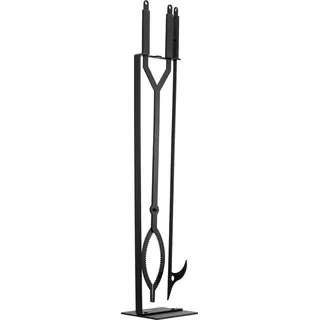 Kaminbesteck-Set, 3-teiliges Kaminbesteck-Set mit Halterung und Ständer, Zange, Kaminrechen, schmiedeeisernes Kaminzubehör für Lagerfeuer, Gartenfeuer, Innen- und Außenbereich, schwarz - Schwarz