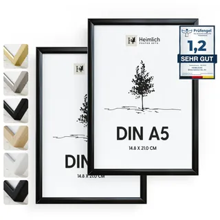 Heimlich® - Bilderrahmen - A5 14,8 x 21 cm, Aluminium, Metall, Schwarz, 2er-Pack – Diplom-Poster-Collage-Rahmen mit Folienabdeckung – Wandmontage oder Tischaufsteller