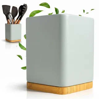 KOOK TIME Küchenutensilienhalter - Utensilienhalter küche aus keramik und Bambus - Quadratischer küchenhelfer aufbewahrung - Salbeigrün - 10,5 x 10,5 x 15 cm
