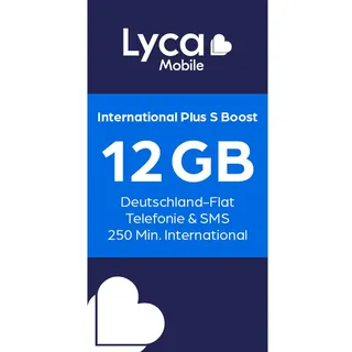 Lycamobile International Plus S Boost Prepaid SIM Karte ohne Vertrag inkl. 12 GB Datenvolumen