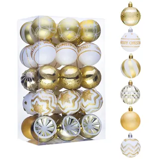 Weihnachtskugeln Christbaumkugeln Christbaumschmuck, 6CM 30 STK Weiß Gold Kunststoff Bruchsicher Aufhängen Weihnahctsdeko Weihnachtsbaumschmuck Christmas Tree Decorations
