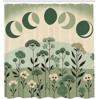 ABAKUHAUS Salbeigrün Duschvorhang, Mid Century Modern Boho Style Einfache Mondphase mit blättrigem Szenario, Stoffliches Gewebe mit Haken, 175 x 200 cm, Türkis Eierschale Dunkelgrau