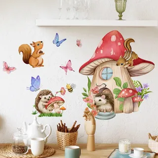 WandSticker4U®- Wandtattoo PILZHAUS Kinderzimmer (46x52 cm) I Wandsticker Tiere Igel Eichhörnchen Pilz Schmetterling I Wandaufkleber Babyzimmer Mädchen & Junge Deko