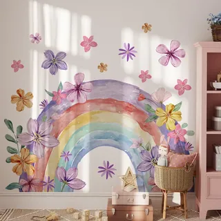 WandSticker4U®- [Aquafarben] Wandtattoo REGENBOGEN Kinderzimmer pastell lila/rosa (110x90 cm) I Wandsticker Mädchen Regenbogen groß Boho Blumen Rainbow I Wandaufkleber Kinderzimmer Deko Mädchen