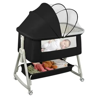 Babybett - Beistellbett Kinderbett - Mit Matratze - Höhe & Neigung verstellbar - 4 Rollen - Atmungsaktiv - Bis 25 kg - Schwarz