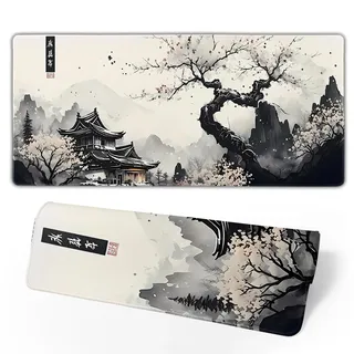 Donboly Gaming mauspad Japanische Pagode und Kirschblüten Zweig übergroße Mausmatte Schreibtisch Pad maxpad xxl, genähte Kanten rutschfeste Gummi Base Mousepad