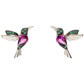 Einzelstück® Kolibri Ohrstecker I 925 Sterling Silber Ohrringe im Vogel Design I Handmade mit grünen und pinken Zirkonia Steinen I 14K Gold & Rosegold I Allergikerfreundlicher Echtschmuck