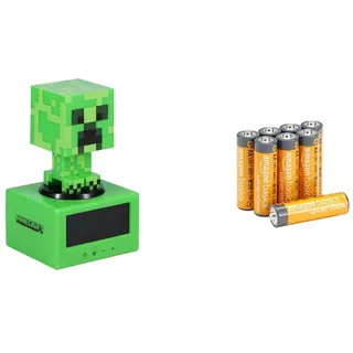Paladone Minecraft Creeper Wecker - Offiziell Lizenziertes Icon mit Minecraft Musik & Nachtlicht für Kinder und Jugendliche, Gaming-Zimmer Zubehör + Amazon Basics Packung 8 AA
