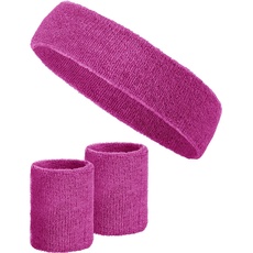 3-teiliges Schweißband-Set mit 2X Schweißbändern für die Handgelenke + 1x Stirnband für Damen & Herren (Pink)
