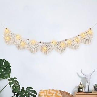 IHONYI Boho Deko - Makramee Wandbehang,Wandteppich Chic Tapisserie Fransengirlande Mit 3M LED Lichterkette,Handgewebt Girlande Boho Wanddeko Für Wohnzimmer/Schlafzimmer/Balkon