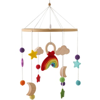 Promise Babe Mobile Baby Regenbogen Holz,Babybett Hängende Holz Baby Mobile Stern Mond Wolken Bettglocke mit Gehäkelt Filz Bälle Silikon Sterne Anhänger Neugeboren Jungen Mädchen Wickeltisch Windspiel