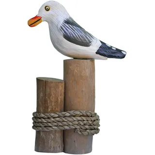 ART-CRAFT Möwen-Skulptur auf nostalgischem Strandgut-Poller - Filigrane Holz-Deko im Vintage-Look 21 cm hoch