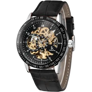 Alienwork IK Automatikuhr Armbanduhr Herren Damen Schwarz Lederarmband Skelett