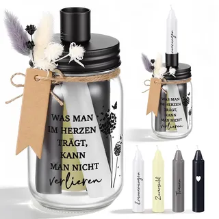 Tenare Trauerkerzen Set in Erinnerung an Einen Geliebten Menschen – Glas Windlicht mit Pusteblume Gravur, 4 Gedenkkerzen mit Spruch, Trockenblumen, Karte – Trauergeschenk für Hinterbliebene Beerdigung