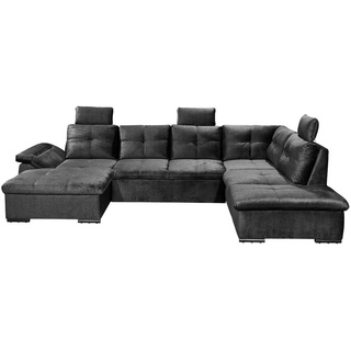 ed exciting design Wohnlandschaft ALIJA U-Form in Schwarz - Ausziehbares Sofa mit Schlaffunktion, Bettkasten & Verstellbarer Armlehne - 334 x 84 (107) x 217 cm