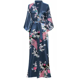 BABEYOND Damen Morgenmantel Maxi Lang Seide Satin Kimono Kleid Pfau Muster Kimono Bademantel Damen Lange Robe Schlafmantel Girl Pajama Party