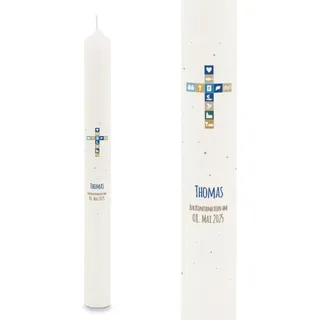 GRAVURZEILE Bedruckte Stabkerze - Kreuz Symbole - Personalisiert mit Name & Datum - Geschenk zur Taufe, Kommunion oder Konfirmation - Für Jungen & Mädchen - Altarkerze 400/40 mm - Farbe: Blau