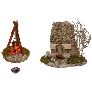 Krippen-Zubehör ALFRED KOLBE, bunt, Holzwerkstoff, Dekofiguren, Krippen-Zubehör, Lagerfeuer mit Flackerplatine, für 10-13 cm Figuren, Bank, Hirte
