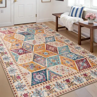 Calinline Bunt Vintage Waschbarer Teppich Schlafzimmer, 80x150 cm | Kurzflor Waschbar Boho Teppich Wohnzimmer, Rutschfester Orientalischer Perserteppich, Carpet für Esszimmer Büro Küche