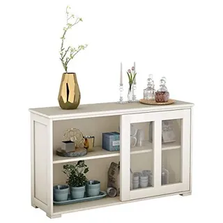 COSTWAY Küchenschrank, Sideboard mit Glas Schiebetüren, Verstellbarer Ablage, Aufbewahrungsschrank, Anrichte für Küche, Flur, Wohnzimmer, Esszimmer, 107 x 33 x 62,5 cm (Cremeweiß)