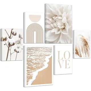 6 Sets Beige Liebe Blumen Schilf Leinwandbilder mit Rahmen ästhetisch Weiß Blumenmuster Pflanzen Küste Moderne Wandbilder Schlafzimmer Bild Auf Leinwand Kunstdruck Deko für Wohnzimmer 20X30X4+30X40X2