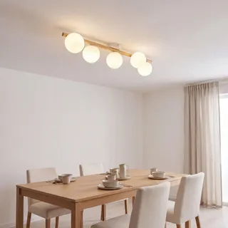 Licht-Erlebnisse Deckenleuchte Holz Weiß Metall Kiefer Wohnzimmer Esszimmer Flur 83 cm G9 5-flammig Kugeln gemütlich blendarm Balken Deckenlampe Schlafzimmer NARVA