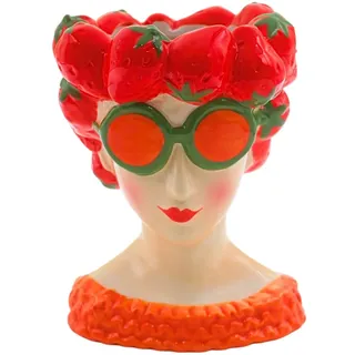 Dekohelden24 XL Dekovase, Vasenkopf, Frauenvase, Vase als Frau mit Erdbeerkopfschmuck, Blumenvase als Erdbeermädchen, Keramikvase Erdbeere, Vase Frau mit Erdbeere Dekor aus Keramik in bunt, L/B/H 12 x 13 x 18 cm.