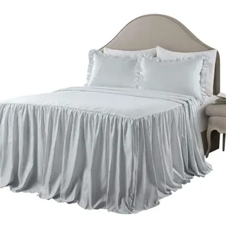 Lush Decor Ticking Stripe Gestreifte Tagesdecke, 3-teiliges Set, Doppelbett-Größe (Queen Size), Seeblau, Rüschen-Bettwaren-Set, Queen-Tagesdecken, gestreifte Bettwaren, Landhaus und Coquette-Dekor