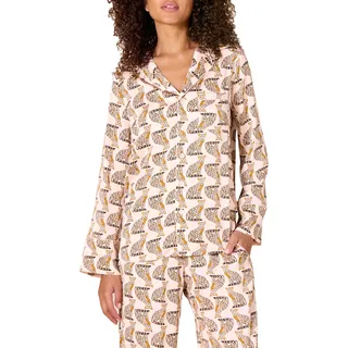 Amazon Essentials Damen Langärmeliges Schlafshirt aus Satin mit normaler Passform (Hose separat erhältlich), Blassrosa Zartrosa Leopardenmuster, XS