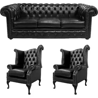 Sofagarnitur Chesterfield Polster Couch Sofa Leder Sitz Garnitur Ohrensessel 412 - Schwarz