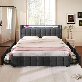 Flieks Polsterbett 140x200cm mit USB und Steckdosen, Jugendbett Doppelbett mit 4 Schubladen, Stauraumbett Massivholzbett mit LED und Lattenrost, Le... - Grau