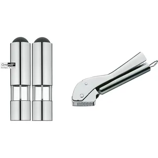WMF Elektrische Mühle Set 2-teilig, 21 cm, Salz und Pfeffermühle unbefüllt, LED-Leuchte, Edelstahl, Glas& Profi Plus Knoblauchpresse 17,5 cm, Cromargan Edelstahl teilmattiert, spülmaschinengeeignet