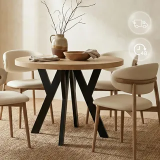 Runder Ausziehbarer Tisch für Esszimmer, PERO, Loft-Stil, Skandinavische, Durchmesser: 90 / 140 cm, Farbe: Eiche Craft Golden / Schwarz - Bronze