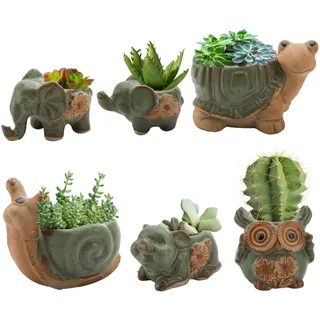 Okllen 6er-Pack Mini Eulen Elefant Sukkulenten Topf mit Drainageloch, Niedliches Tier Keramik Sukkulenten Pflanzgefäß Set für Bonsai, Kleiner Blumentopf, Wohnkultur, Garten, Innenbereich, Outdoor
