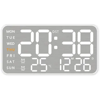 ThreeH Digitaluhr aus gebürstetem Metall - LED Display Datum Wochentag Temp USB Wand montiert für Zuhause Büro, Weiß