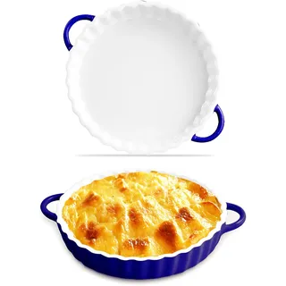 Jinfanshurich Keramik Tarteform Rund 26 cm mit Griffen, Quicheform & Auflaufform für Tarte, Pie, Kuchen & Aufläufe, Ofenfest, Mikrowellen- & Spülmaschinengeeignet, Antihaftbeschichtet (Weiß-Blau)