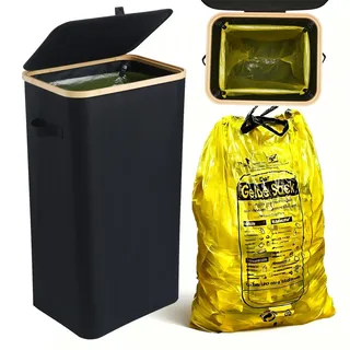 Bangleo Gelber Sack Ständer Stabil mit Deckel, Ständer für gelben sack mit Clip, Mülleimer 70-110 liter, Gelber Sack Behälter, Müllsackhalter für Küche & Haushalt [Ohne Innentasche]- Schwarz