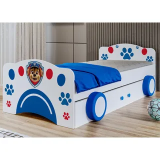 1x Happy Babies Kinderbett mit Rausfallschutz Junge 160x80 Bett für Kinderzimmer mit Schublade Matratze Einzelbett für Kinder Weiß Blau Auto BETT - Blau