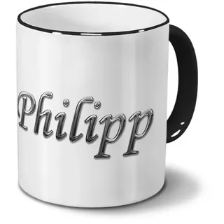 printplanet Tasse mit Namen Philipp - Motiv Chrom-Schriftzug - Namenstasse, Kaffeebecher, Mug, Becher, Kaffeetasse - Farbe Schwarz