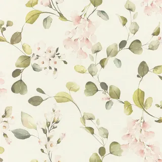 Rasch Vliestapete Blüten & Zweige - Landhaus Vinyl-Tapete Botanisch in Rosa für ein romantisches Wohnambiente - Robust und Abwaschbar - 10,05 m x 0,53 m