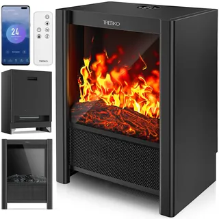 TRESKO® Elektrokamin mit Heizung, Fernbedienung & Smart Home WiFi App 2000W | Kamin elektrisch LED-Flammeneffekt & LCD-Display | Kaminfeuer mit Thermostat, Timer | Elektro Standkamin Kaminofen Standgerät
