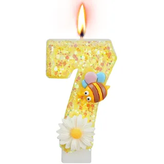 Alaoo Geburtstagskerzen Zahlen 7, 3D Honigbiene und Blume Geburtstagskerzen, Gelb Glitzer Geburtstagskerzen,Kuchen Topper Dekoration Kuchendeko Geburtstag, Partyzubehör