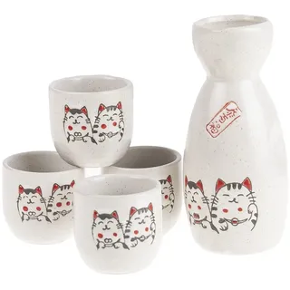 Lachineuse – Japanisches Katzen-Sake-Set – 4 Schalen und Karaffe – Kawaii japanische Sake-Gläser – Asiatisches Geschirrgeschenk – Japanisches Porzellan – Maneki Neko Katze – Weiß