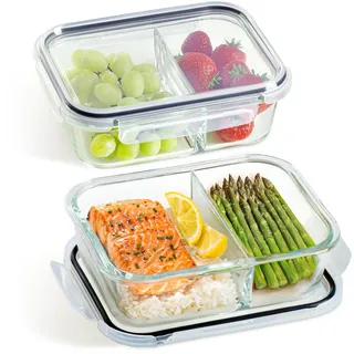 Praknu Meal Prep Boxen Glas 2 Fächer - 2er Set Meal Prep Containers 1l - Luftdichter Glasbehälter mit Deckel - Geeignet für Spülmaschine, Mikrowelle & Ofen - Mealprepboxen - Frischhaltedosen Glas