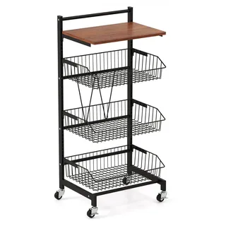 COSTWAY Servierwagen Küchenwagen höhenverstellbar, 4 Etagen Rollwagen mit ausziehbaren Körben & Holzplatte 40x31x88cm - Schwarz