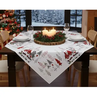 KAMACA Tischdecke Mitteldecke 85x85 cm Winter- & Weihnachts-Tischdecke mit fröhlichem Wichtelmotiv Festliche Tischdeko Küche Esszimmer & Wohnzimmer robust Winter Weihnachten (Wichtel - Bande)