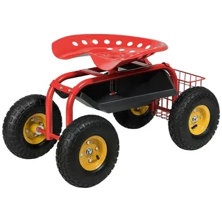 Costway Gartensitz mit Rollen, 360° drehbar höhenverstellbar, Rollsitz mit Ablage, Korb rot