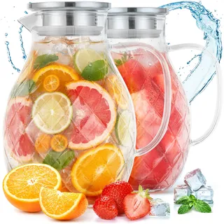 Premium Borosilikat Glaskaraffe + Deckel + Ausguss - 2 Liter, 2er Set - Borosilikatglas Wasserkrug mit Griff - Karaffe für Heiß- / Kaltgetränke - Eistee Glaskanne